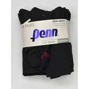 Penn Men's Black Crew Socks 10 Pairs Shoe Size 6-12 Dry Fresh Cushion